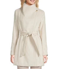 Donna Karan Petite Size Wool Blend Asymmetrical Wing Collar Belted Wrap Coat