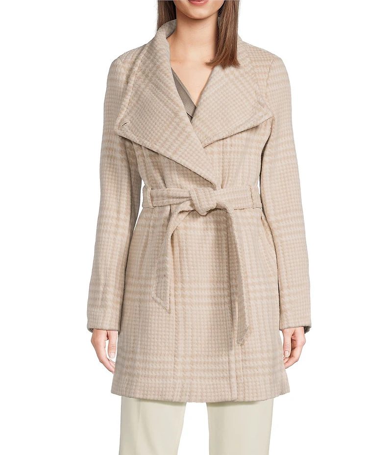Donna Karan Petite Size Wool Blend Plaid Print Asymmetrical Wing Collar Belted Wrap Coat