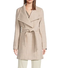 Donna Karan Petite Size Wool Blend Plaid Print Asymmetrical Wing Collar Belted Wrap Coat
