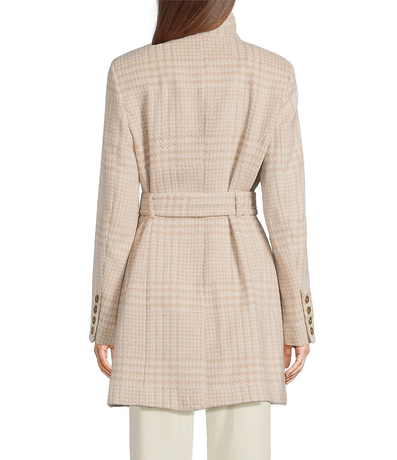 Donna Karan Petite Size Wool Blend Plaid Print Asymmetrical Wing Collar Belted Wrap Coat
