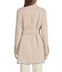 Donna Karan Petite Size Wool Blend Plaid Print Asymmetrical Wing Collar Belted Wrap Coat
