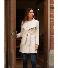 Donna Karan Petite Size Wool Blend Plaid Print Asymmetrical Wing Collar Belted Wrap Coat