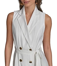 Donna Karan Pinstripe Collared V-Neck Sleeveless Tie Sash Midi Sheath Dress