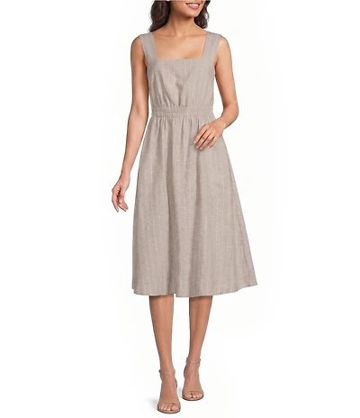 Donna Karan Pinstripe Linen Blend Square Neck Sleeveless Cutout Back Smocked A-Line Midi Dress