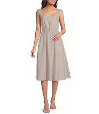 Donna Karan Pinstripe Linen Blend Square Neck Sleeveless Cutout Back Smocked A-Line Midi Dress
