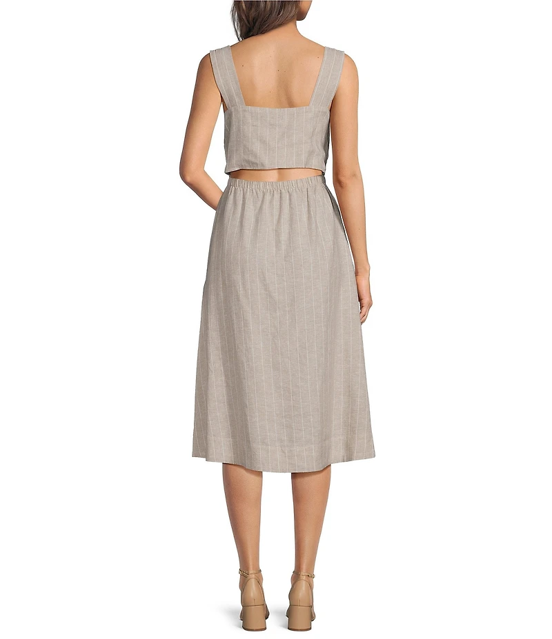 Donna Karan Pinstripe Linen Blend Square Neck Sleeveless Cutout Back Smocked A-Line Midi Dress