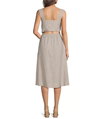 Donna Karan Pinstripe Linen Blend Square Neck Sleeveless Cutout Back Smocked A-Line Midi Dress