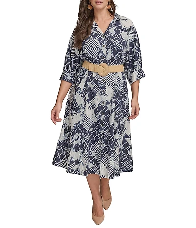 Donna Karan Plus Size Abstract Print Button Front Shirt Dress