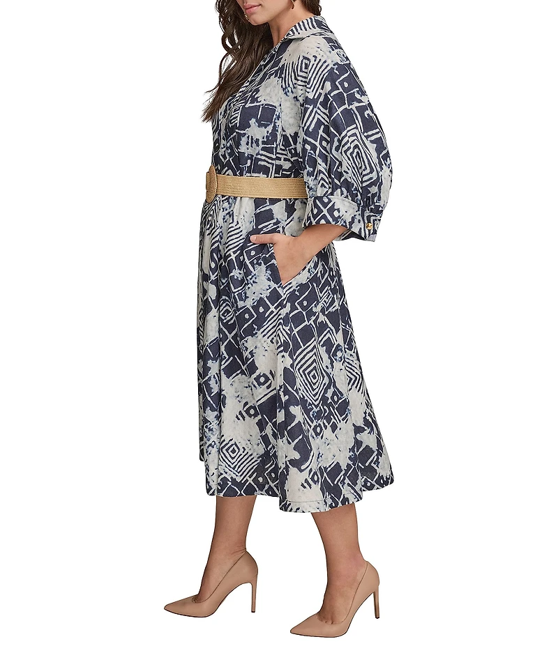 Donna Karan Plus Size Abstract Print Button Front Shirt Dress