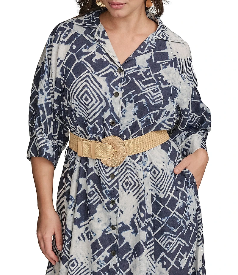 Donna Karan Plus Size Abstract Print Button Front Shirt Dress