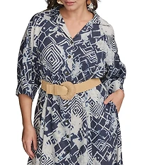 Donna Karan Plus Size Abstract Print Button Front Shirt Dress