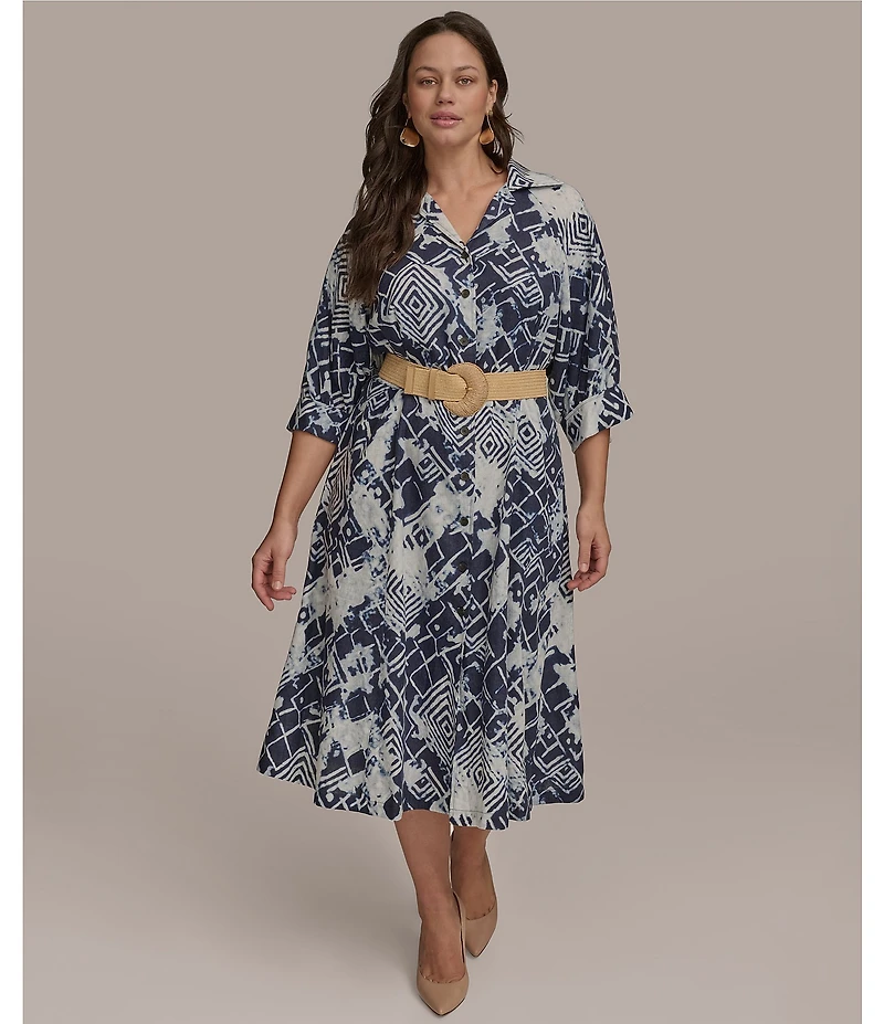 Donna Karan Plus Size Abstract Print Button Front Shirt Dress