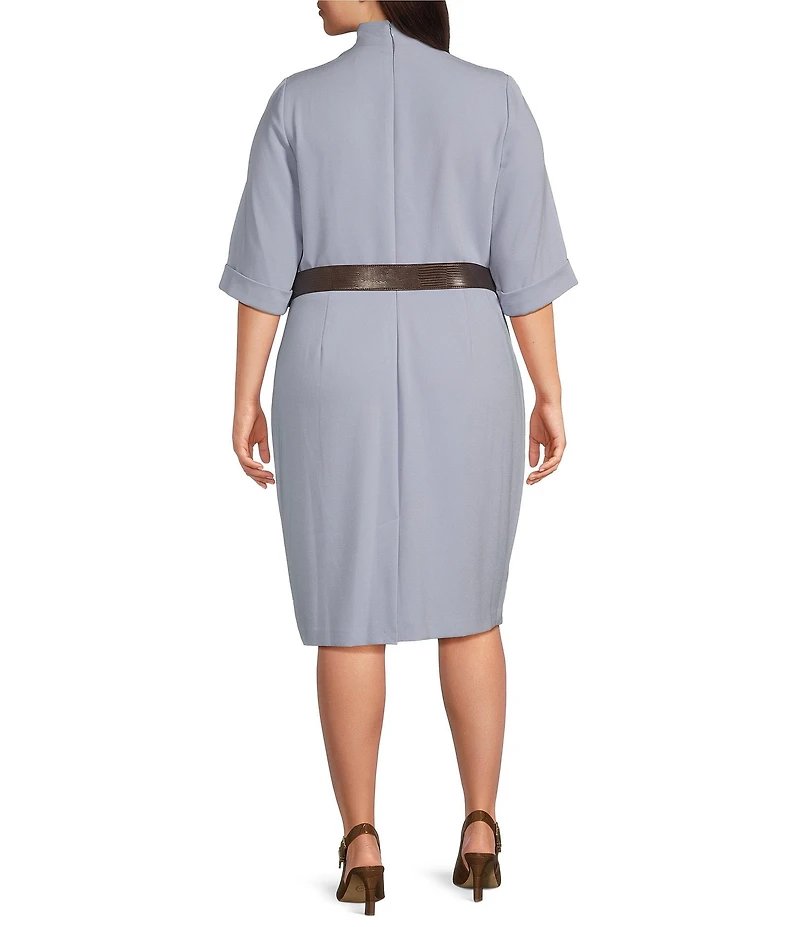 Donna Karan Plus Size Cady Crepe V-Neck Short Sleeve Belted Sheath Dress