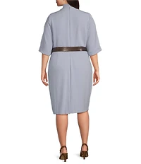 Donna Karan Plus Size Cady Crepe V-Neck Short Sleeve Belted Sheath Dress