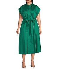Donna Karan Plus Size Cotton Sateen Collared Neck Short Sleeve Tie Sash Belt Midi Shirt Dress