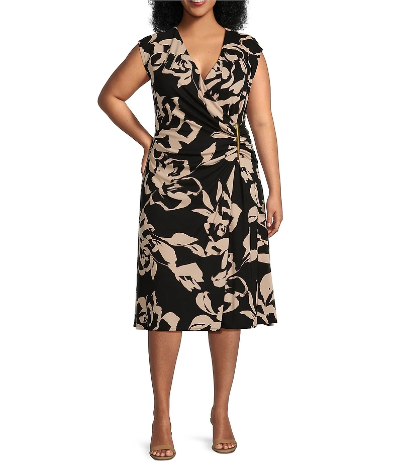 Donna Karan Plus Size Jersey V-Neck Sleeveless Ruched Gold Broach Midi Sheath Dress