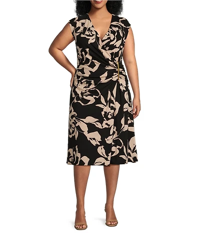 Donna Karan Plus Size Jersey V-Neck Sleeveless Ruched Gold Broach Midi Sheath Dress