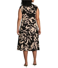 Donna Karan Plus Size Jersey V-Neck Sleeveless Ruched Gold Broach Midi Sheath Dress
