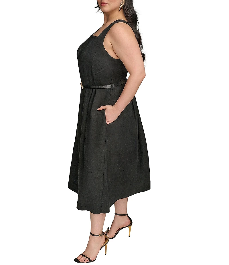 Donna Karan Plus Size Square Neck Sleeveless A-Line Belted Midi Dress