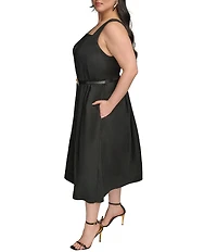 Donna Karan Plus Size Square Neck Sleeveless A-Line Belted Midi Dress