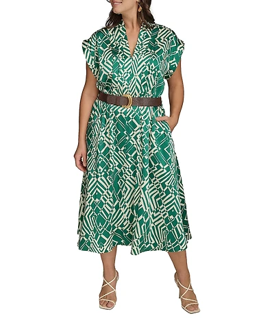 Donna Karan Plus Size Twill Collared V-Neck Short Sleeve Belted A-Line Midi Dress