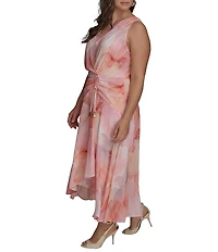 Donna Karan Plus Size V-Neck Floral Print Sleeveless Chiffon Wrap Dress