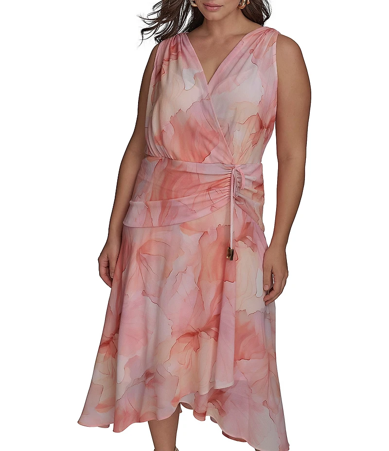 Donna Karan Plus Size V-Neck Floral Print Sleeveless Chiffon Wrap Dress