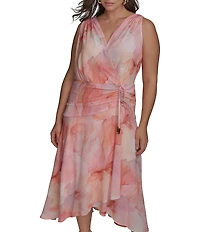 Donna Karan Plus Size V-Neck Floral Print Sleeveless Chiffon Wrap Dress