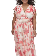 Donna Karan Plus Size V-Neck Flutter Sleeve Tiered A Line Dress