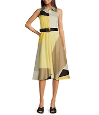 Donna Karan Point Collar Sleeveless Button Front Belted Midi Dress