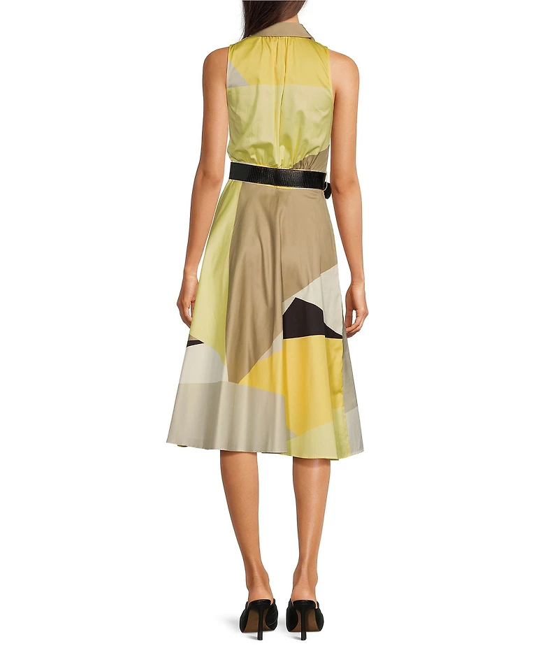 Donna Karan Point Collar Sleeveless Button Front Belted Midi Dress