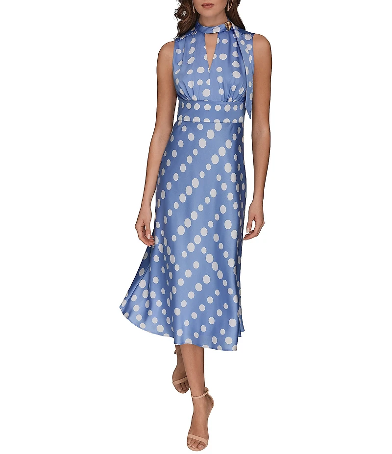 Donna Karan Polka Dot French Twill Scarf Tie Neck Sleeveless Midi Dress