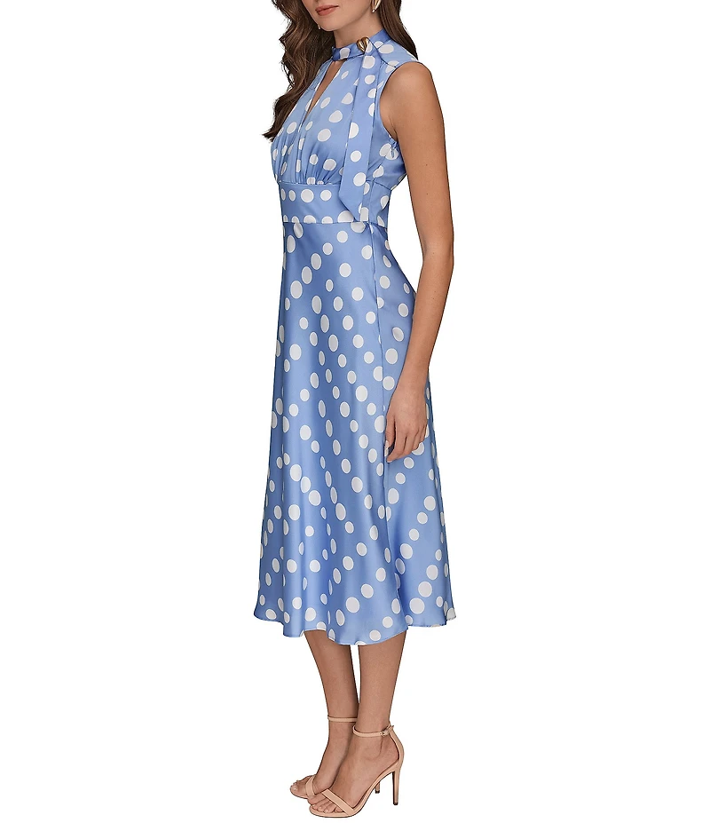 Donna Karan Polka Dot French Twill Scarf Tie Neck Sleeveless Midi Dress