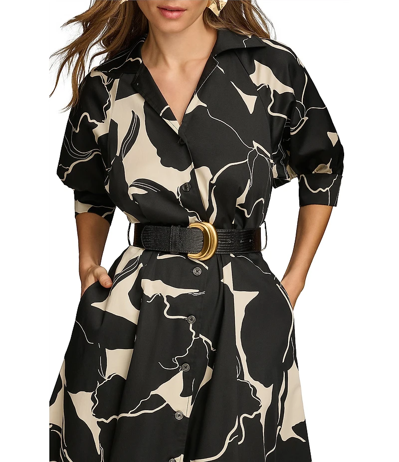 Donna Karan Printed 3/4 Sleeve Notch Collar Belted Side Pocket A-Line Midi Dress