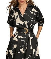 Donna Karan Printed 3/4 Sleeve Notch Collar Belted Side Pocket A-Line Midi Dress