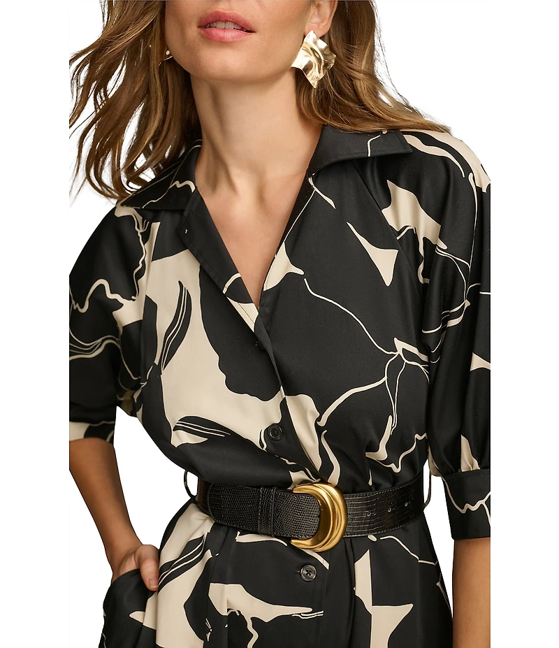 Donna Karan Printed 3/4 Sleeve Notch Collar Belted Side Pocket A-Line Midi Dress