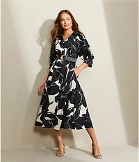 Donna Karan Printed 3/4 Sleeve Notch Collar Belted Side Pocket A-Line Midi Dress