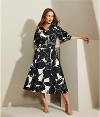 Donna Karan Printed 3/4 Sleeve Notch Collar Belted Side Pocket A-Line Midi Dress
