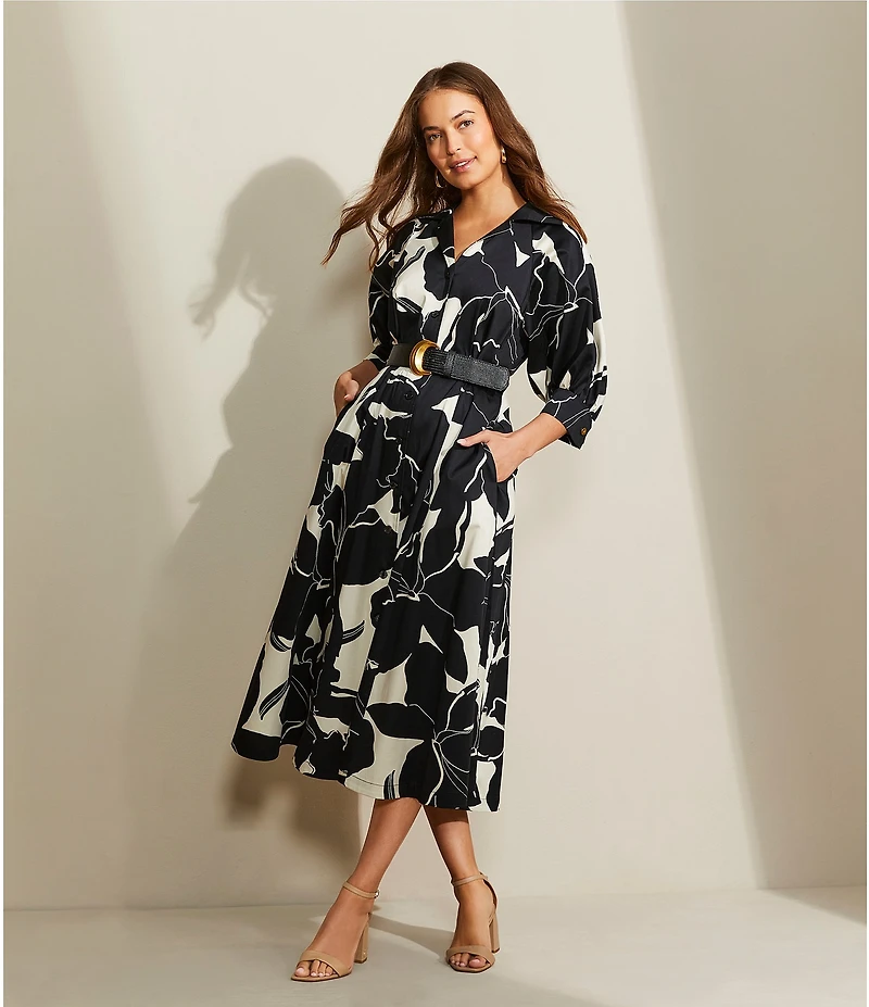 Donna Karan Printed 3/4 Sleeve Notch Collar Belted Side Pocket A-Line Midi Dress