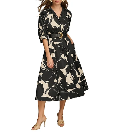Donna Karan Printed 3/4 Sleeve Notch Collar Belted Side Pocket A-Line Midi Dress