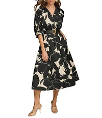 Donna Karan Printed 3/4 Sleeve Notch Collar Belted Side Pocket A-Line Midi Dress