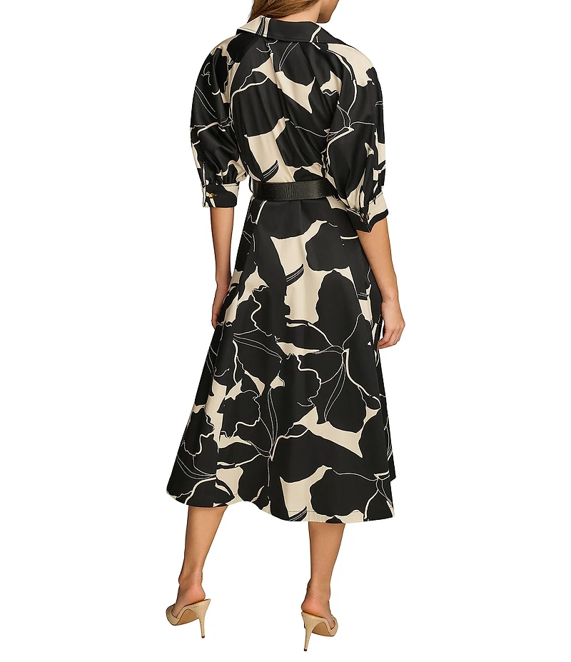 Donna Karan Printed 3/4 Sleeve Notch Collar Belted Side Pocket A-Line Midi Dress