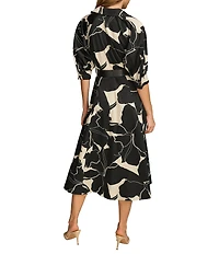 Donna Karan Printed 3/4 Sleeve Notch Collar Belted Side Pocket A-Line Midi Dress