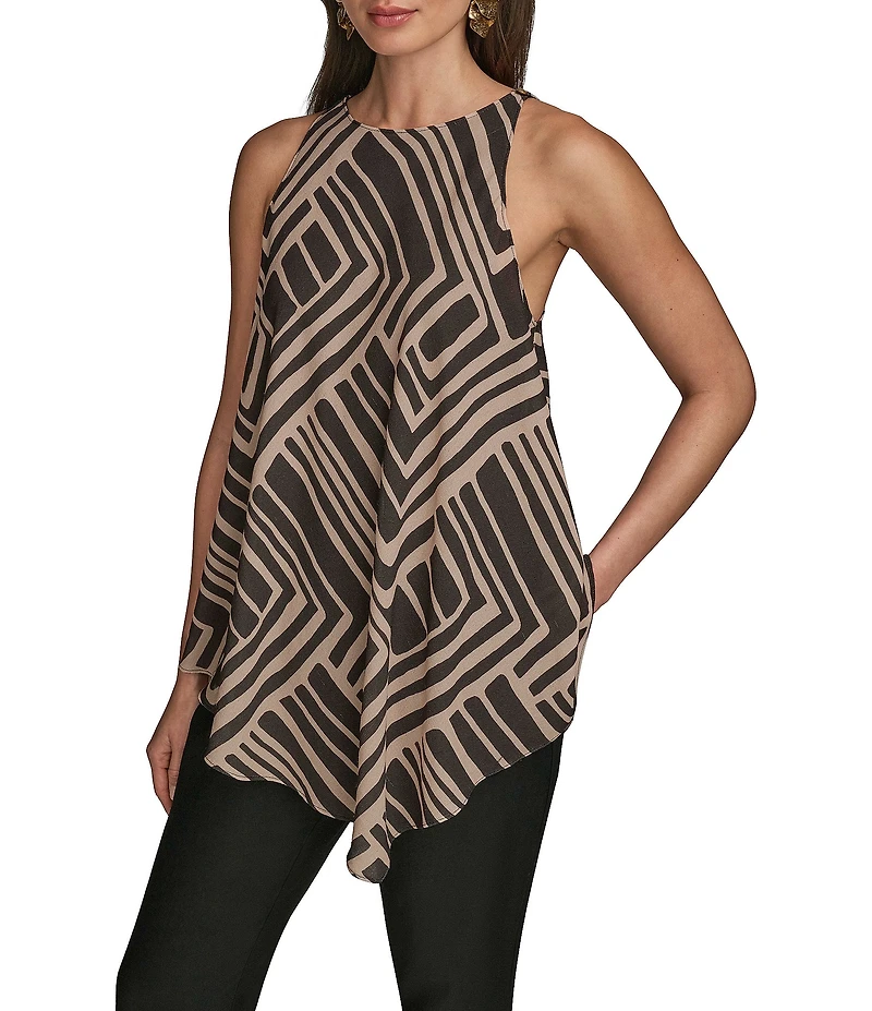 Donna Karan Printed Crew Neck Sleeveless Angled Top