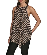 Donna Karan Printed Crew Neck Sleeveless Angled Top