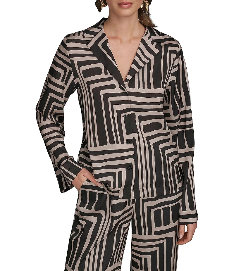 Donna Karan Coordinating Printed Satin Back Crape Notch Collar Long Sleeve Button Front Shirt