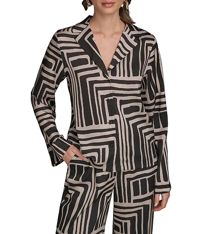 Donna Karan Coordinating Printed Satin Back Crape Notch Collar Long Sleeve Button Front Shirt
