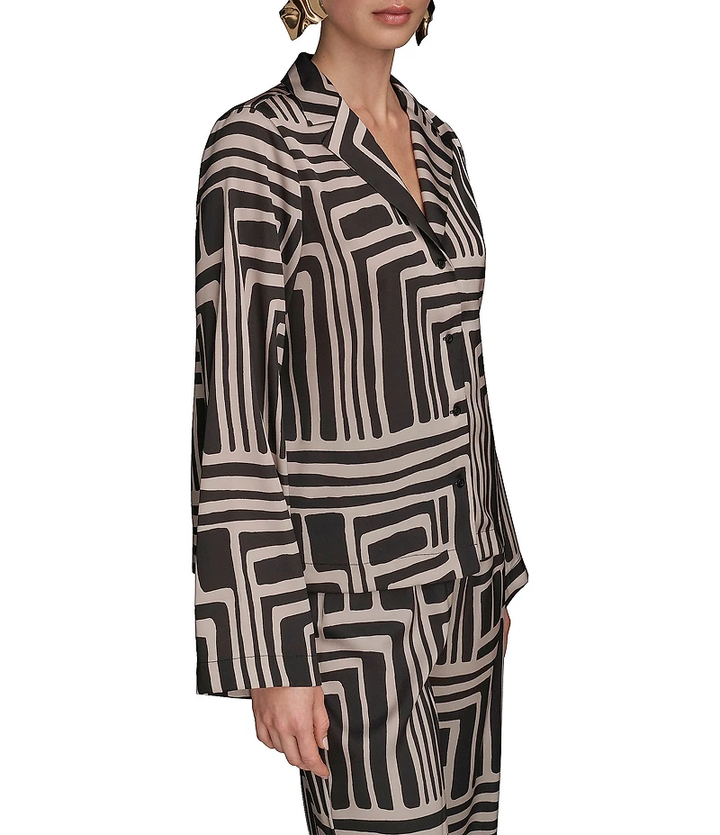 Donna Karan Coordinating Printed Satin Back Crape Notch Collar Long Sleeve Button Front Shirt