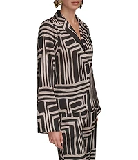 Donna Karan Coordinating Printed Satin Back Crape Notch Collar Long Sleeve Button Front Shirt
