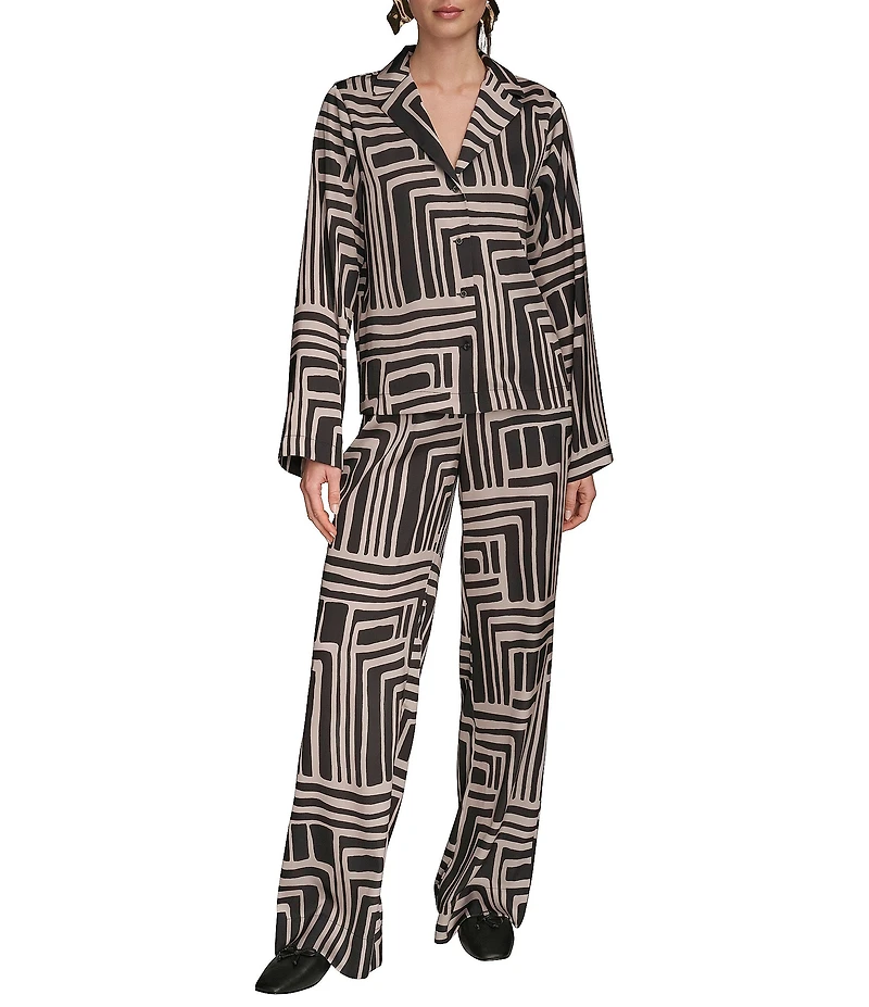 Donna Karan Coordinating Printed Satin Back Crape Notch Collar Long Sleeve Button Front Shirt
